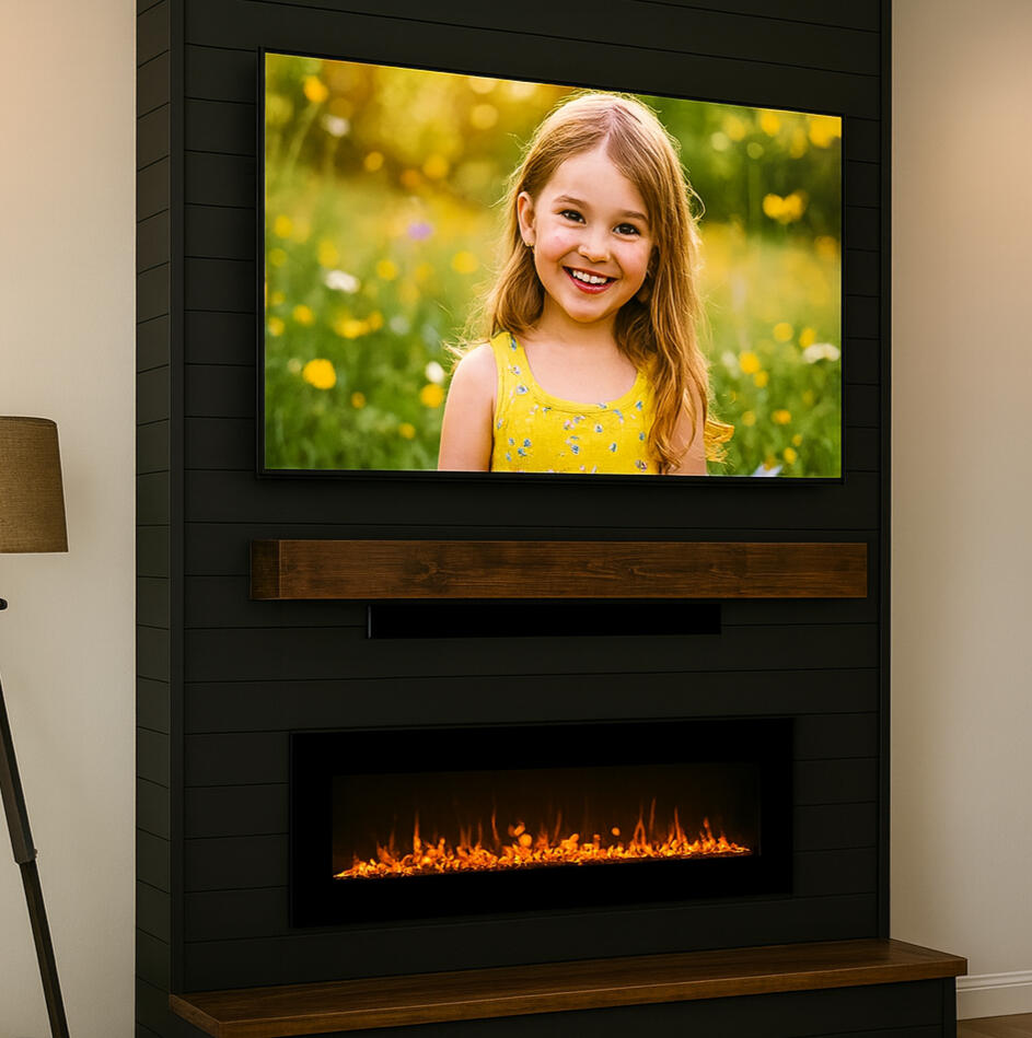 Modern shiplap fireplace feature wall with floating mantel in a Las Vegas home