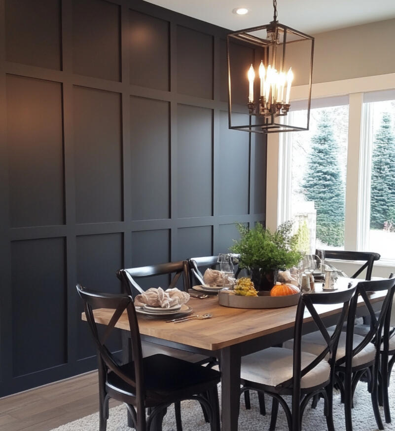 Modern wood slat accent wall in a Las Vegas dining room