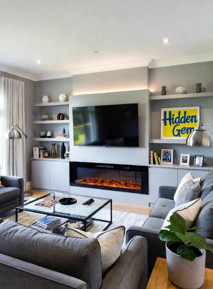 Modern luxury media wall with fireplace in a Las Vegas living room