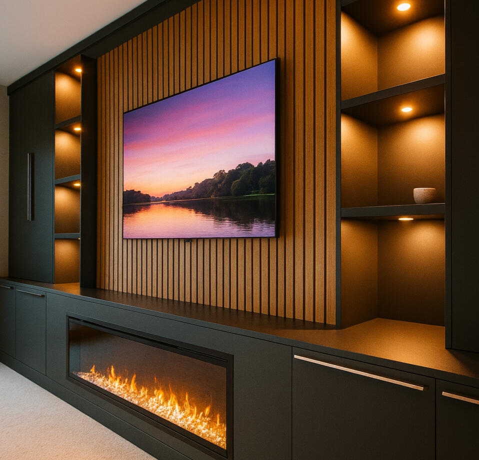 Contemporary LED media wall with floating cabinet in a Las Vegas home